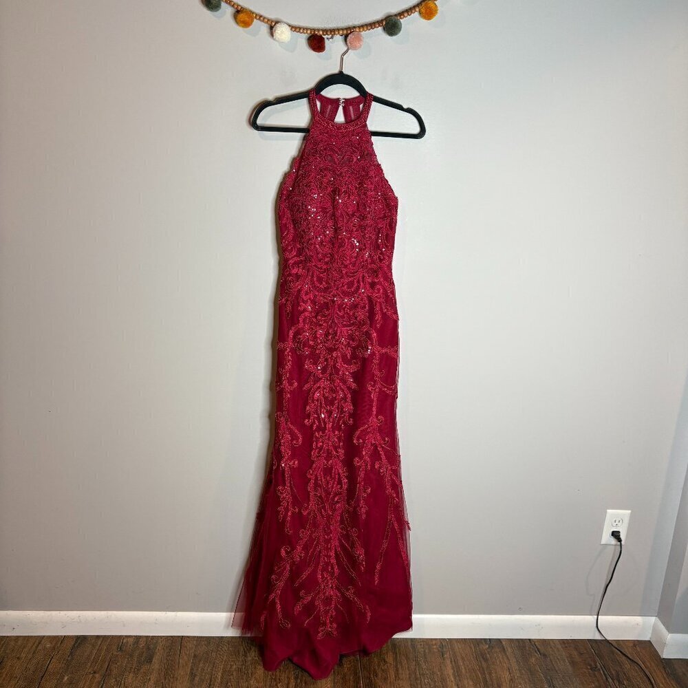 JJ's House red lacy embellished high neck formal dress